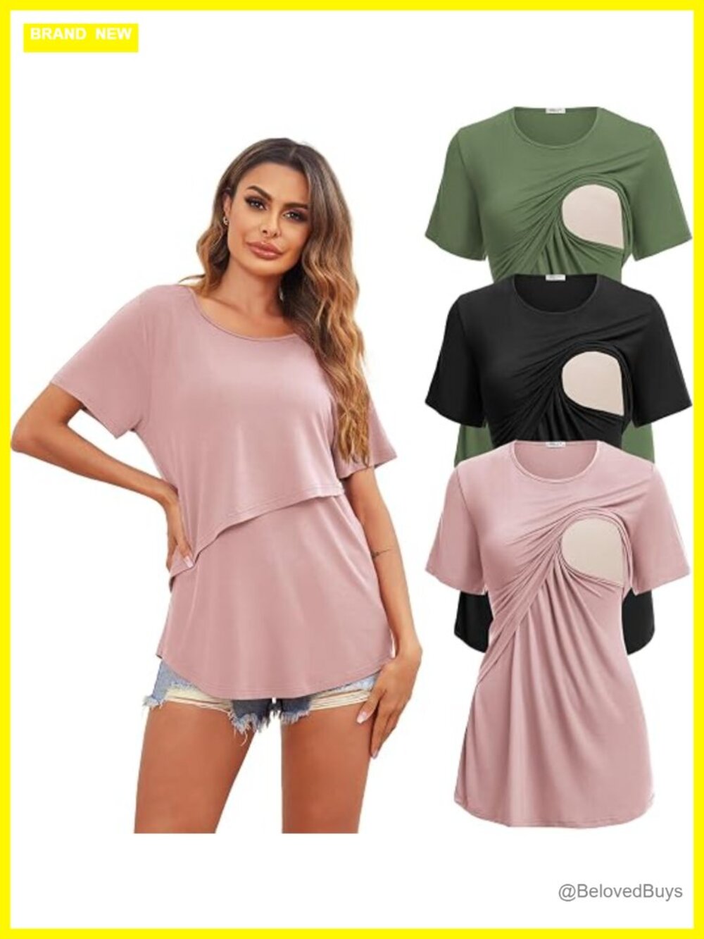 Maternity Nursing Tops 3 Pack Short Sleeve Double Layer Breastfeeding Tees S-XXL